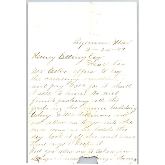 1881 L.M. Jones Bozeman, MT ALS to Henry Elling* "..Feasible Packaging.."