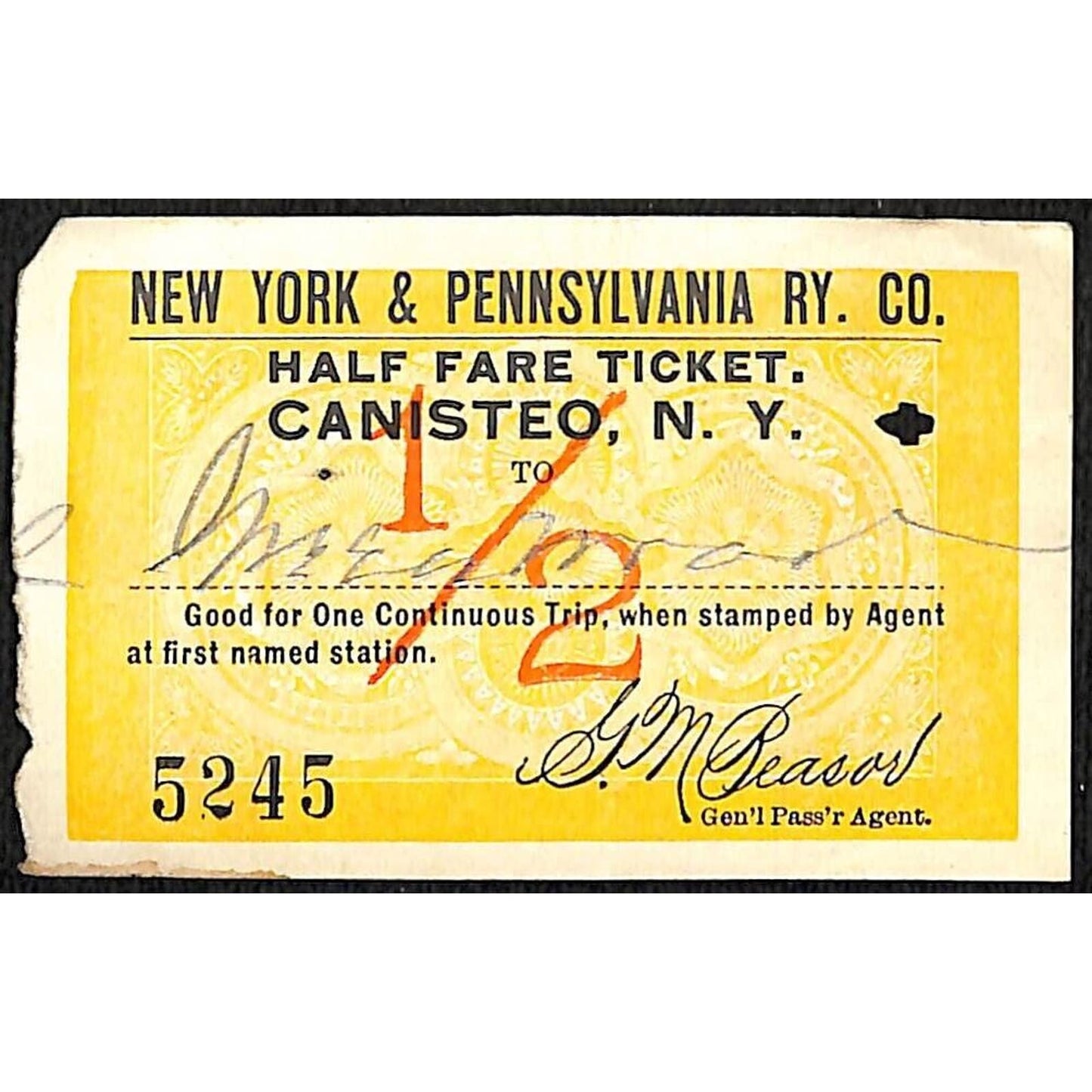 New York & Pennsylvania Railroad RY July 25 1917 Canisteo Half Fare Ticket #5245