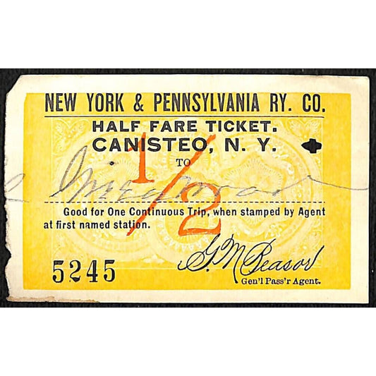 New York & Pennsylvania Railroad RY July 25 1917 Canisteo Half Fare Ticket #5245