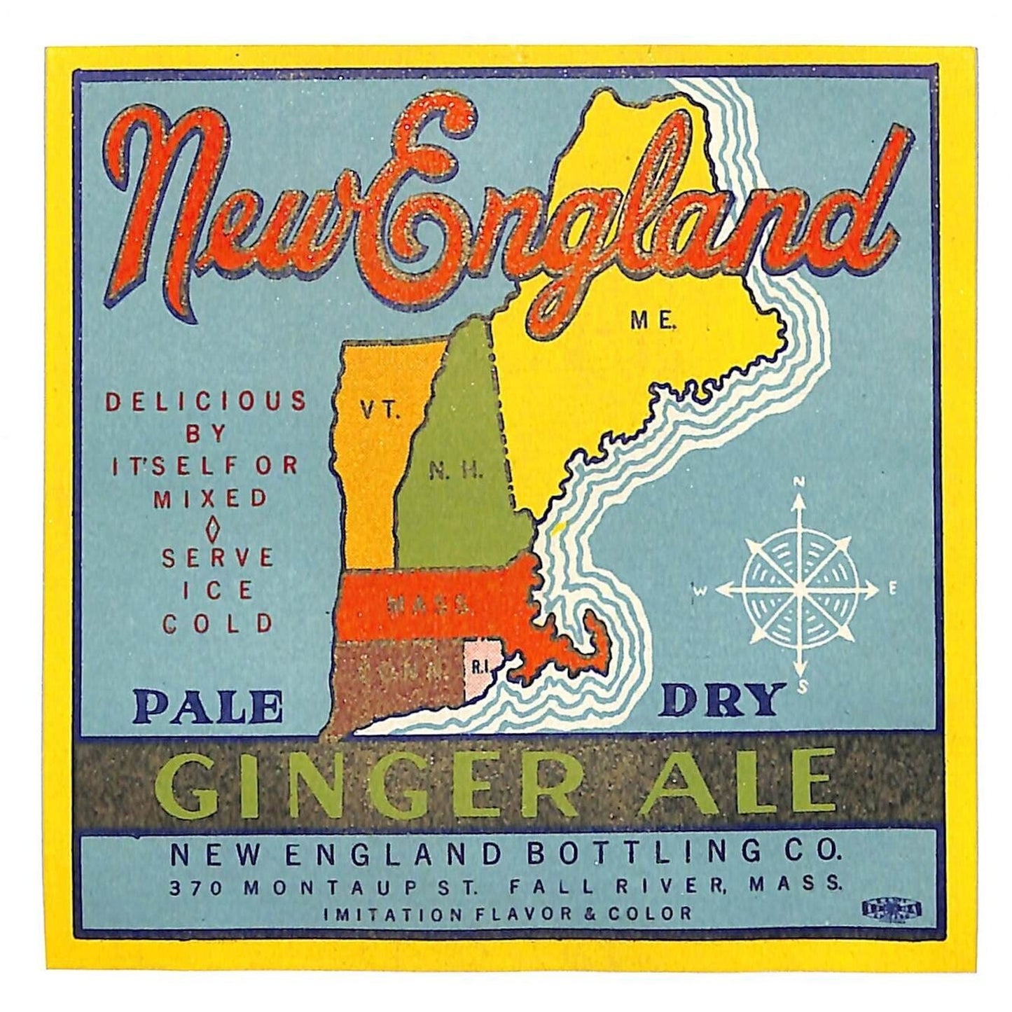New England Ginger Ale Fall River, MA Bottle Label w/ Map Coast Line c1940s-50s