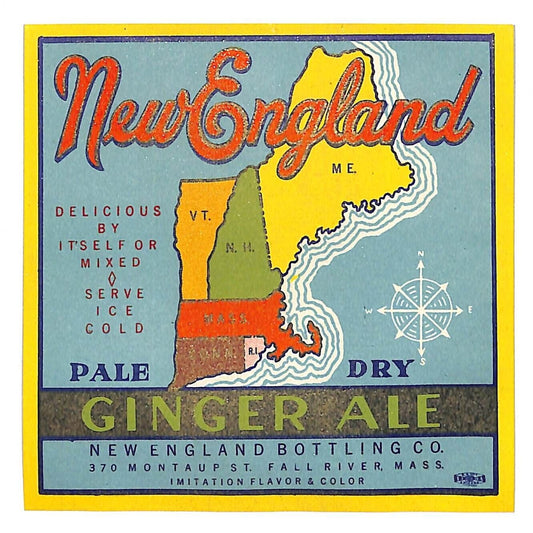 New England Ginger Ale Fall River, MA Bottle Label w/ Map Coast Line c1940s-50s