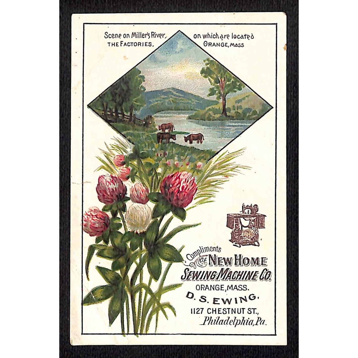 New Home Sewing Machine D.S. Ewing Orange, MA Victorian Trade Card