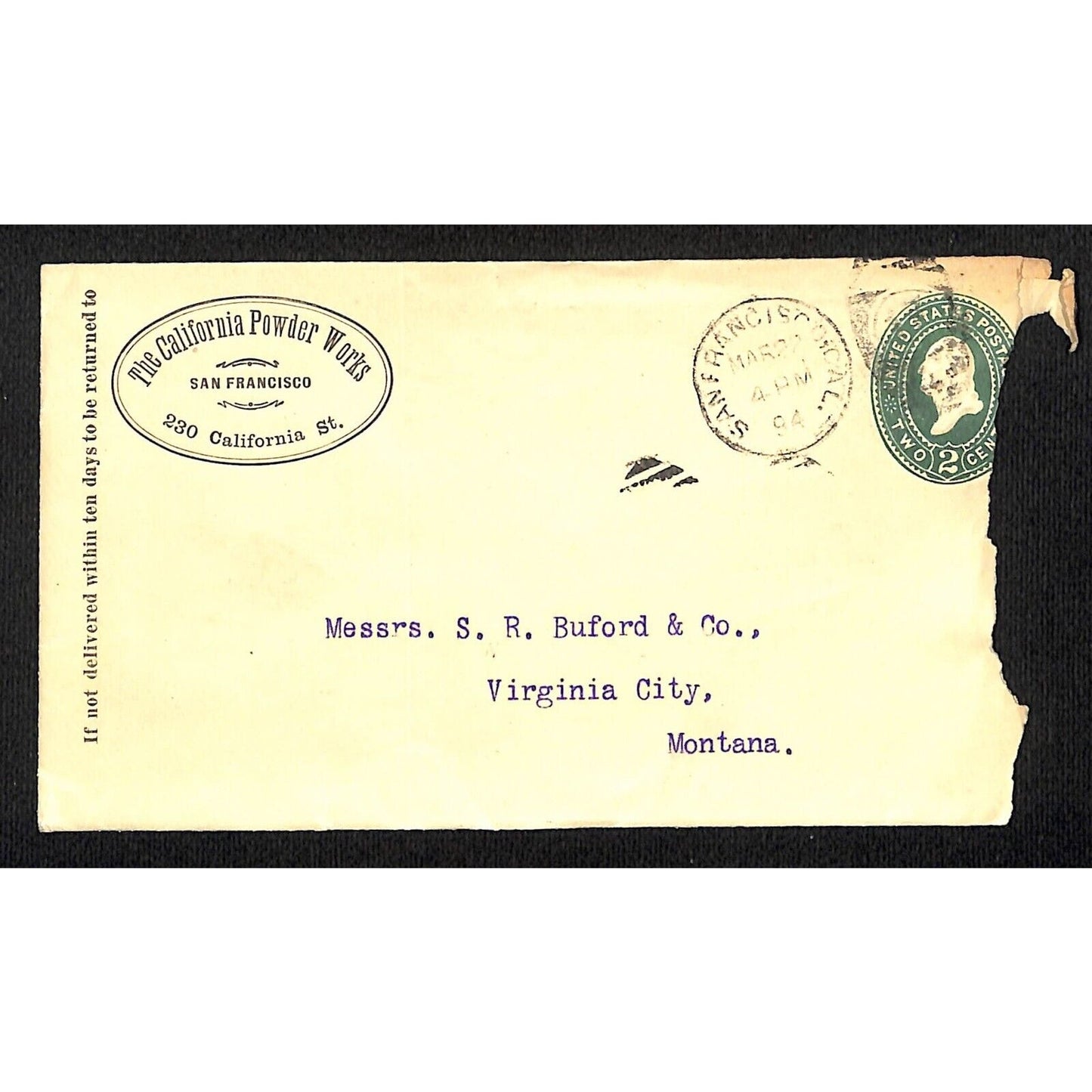 California Powder Works (Hercules) 3/22 1894 Cover S.R. Buford Virginia City, MT
