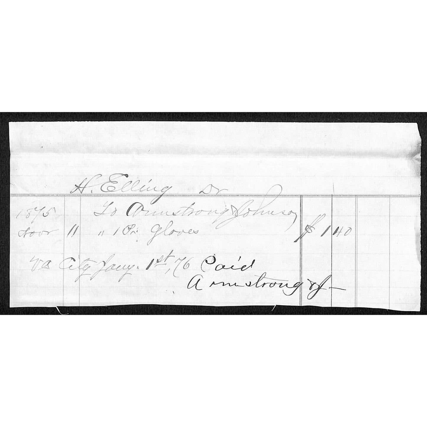 1876 Armstrong & Johnson / Henry Elling* Virginia City, MT Receipt for Gloves
