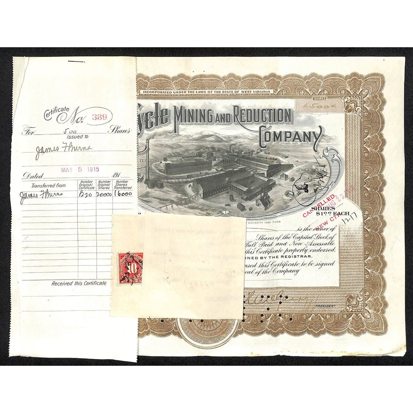 Golden Cycle Mining 1915 Stock Certificate w/ James F. Burns Sig. #389