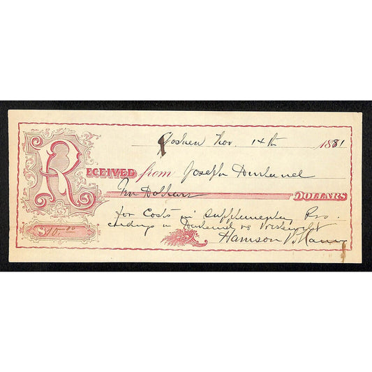 1881 Goshen (Likely NY) Receipt for $10 Court Proceedings Costs
