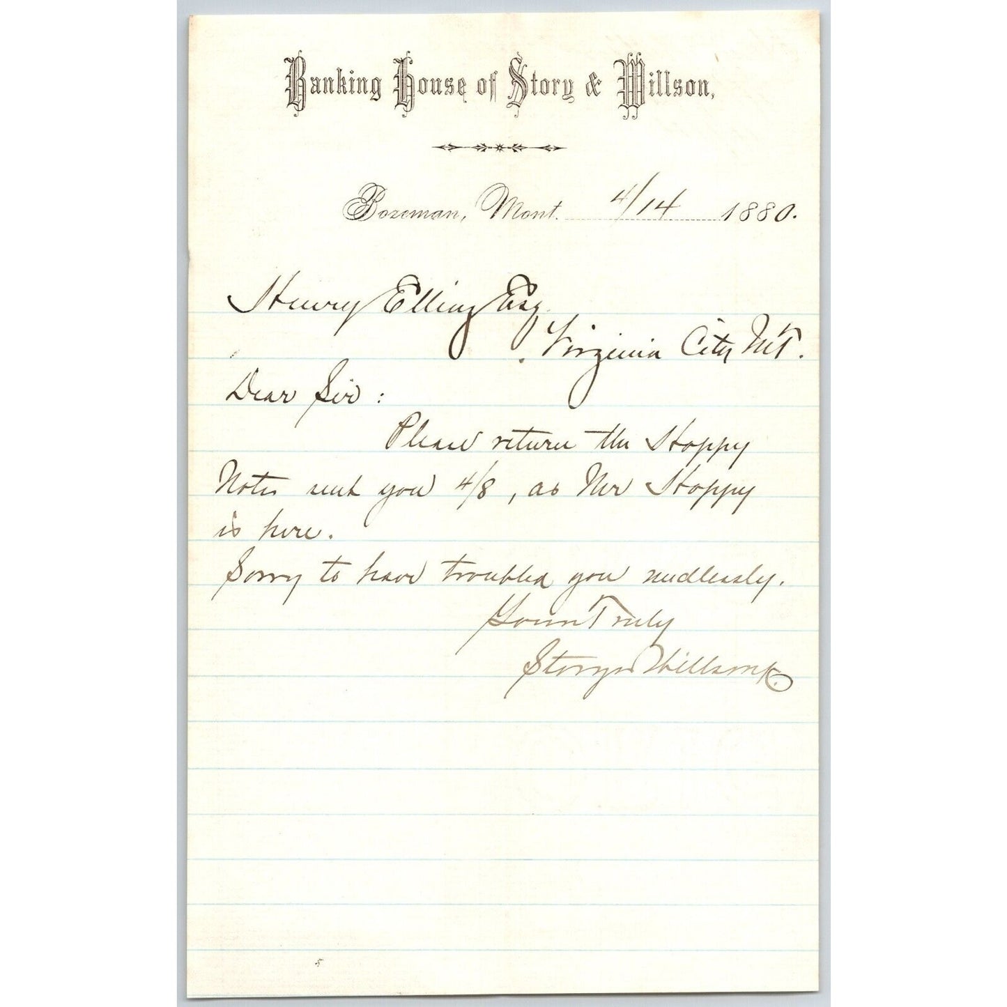 Banking House of Story & Nelson Bozeman, MT 4/14 1880 Letterhead Henry Elling*