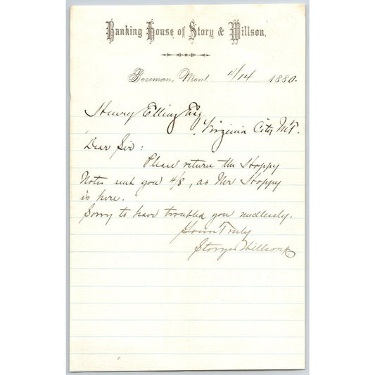 Banking House of Story & Nelson Bozeman, MT 4/14 1880 Letterhead Henry Elling*