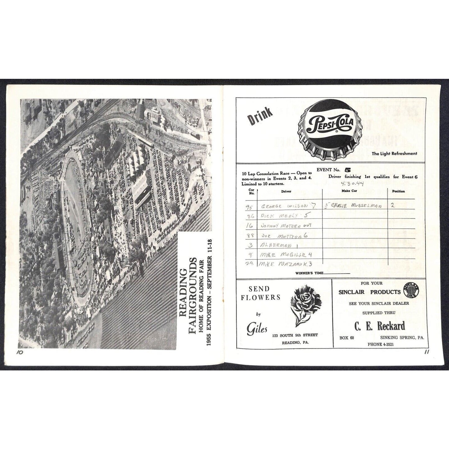 Reading Fairgrounds 1955 Auto Races AAA Racing Program 12pp* VGC Scarce
