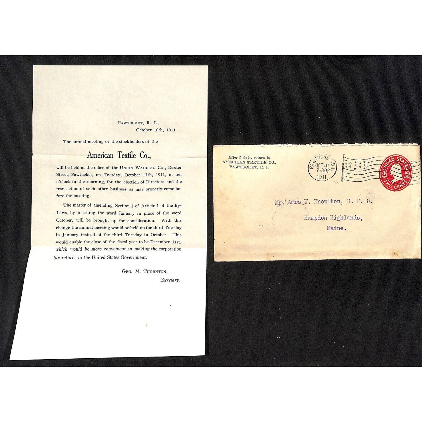 American Textile Co. 1912 Stockholders Meeting Notice Sheet Knowlton*