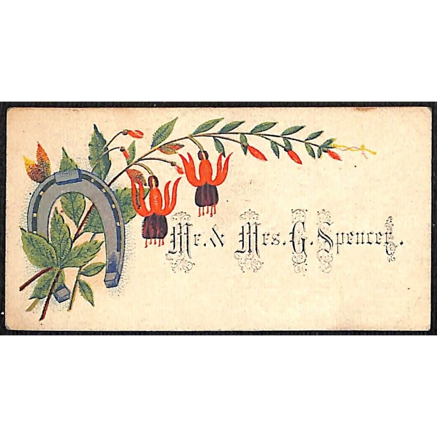 "Mr. & Mrs. G. Spencer" Victorian Calling Greeting Card - Floral w/ Horseshoe