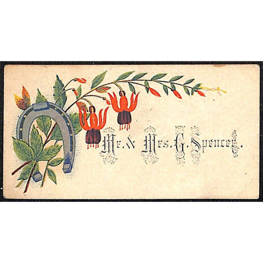 "Mr. & Mrs. G. Spencer" Victorian Calling Greeting Card - Floral w/ Horseshoe