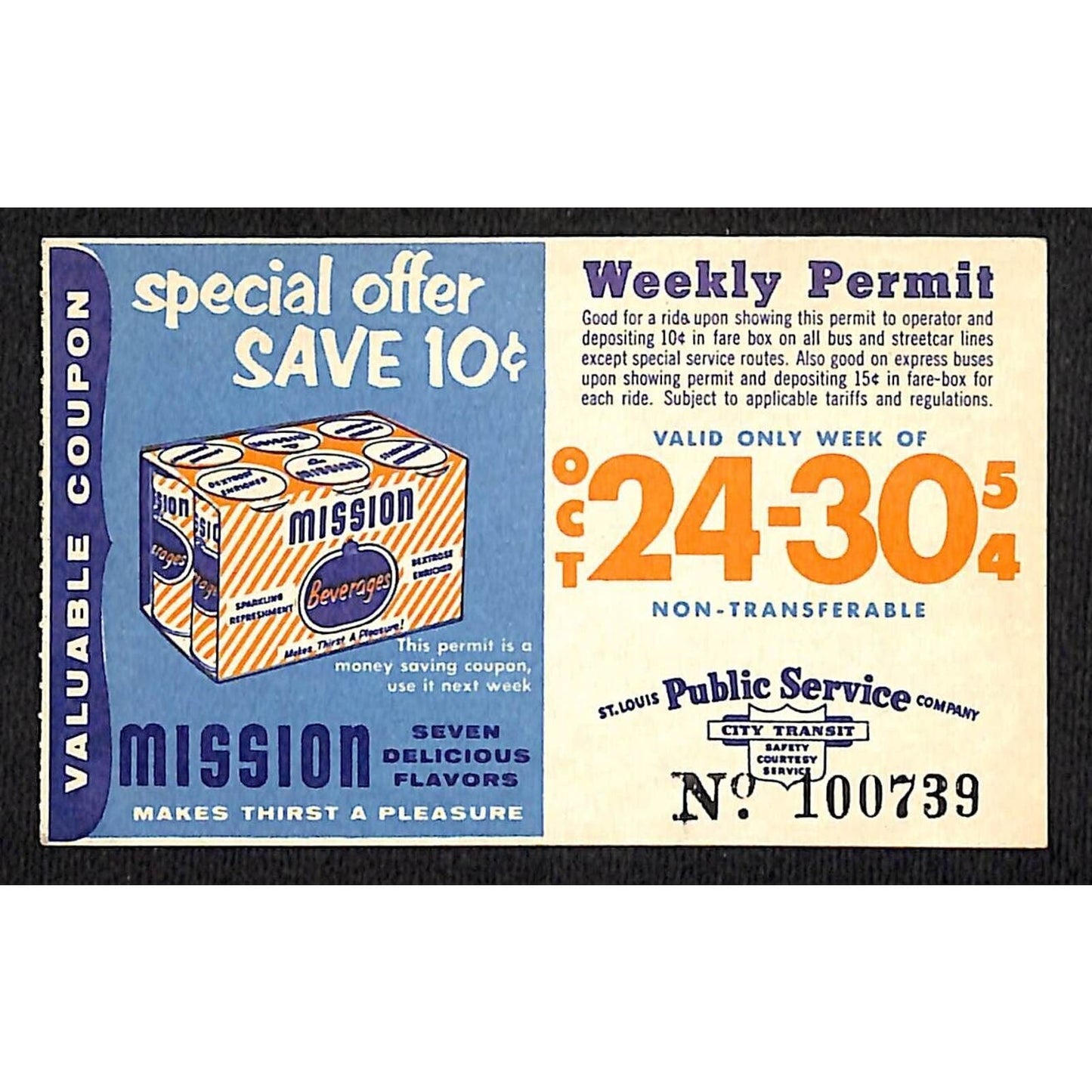 St. Louis Public Service 1954 City Transit Weekly Permit Mission Beverages