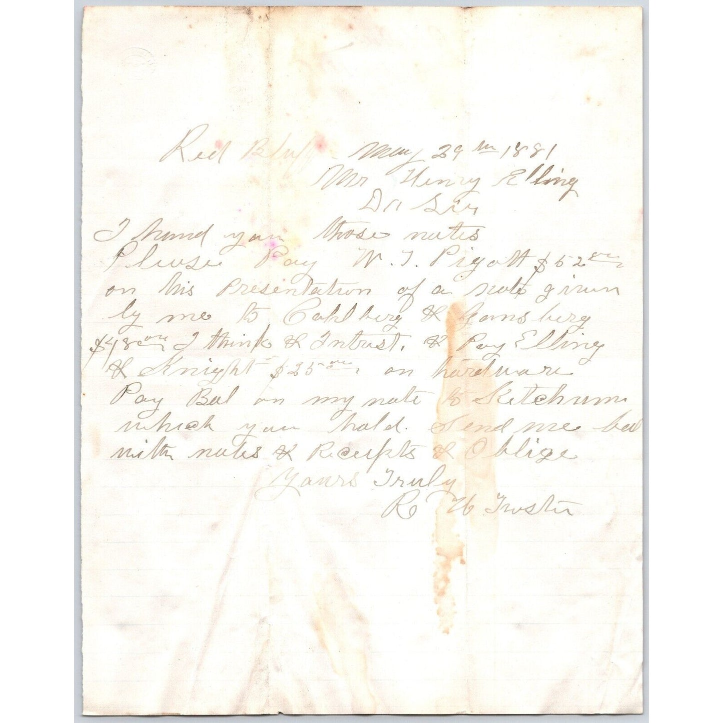 1881 R.H. ?? Red Bluff, MT ALS to Henry Elling* Virginia City, MT re: Payments