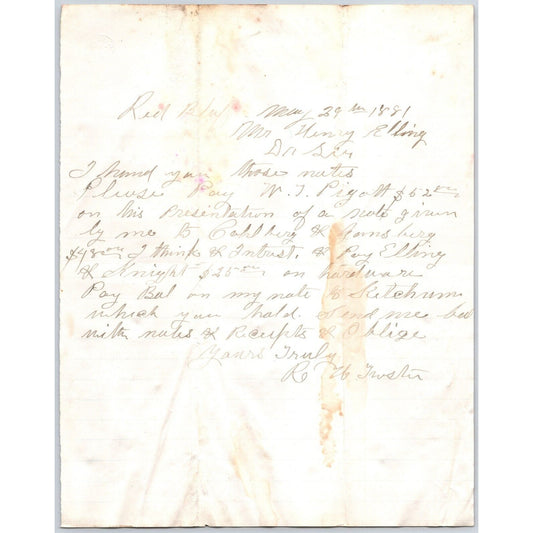 1881 R.H. ?? Red Bluff, MT ALS to Henry Elling* Virginia City, MT re: Payments