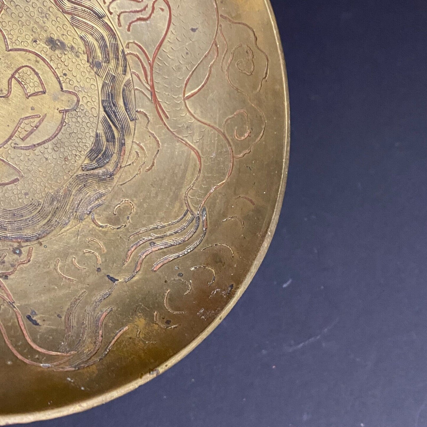 Vintage Lacquered Brass? Engraved Dragon Bowl / Dish 6" dia. 9oz. Marked China