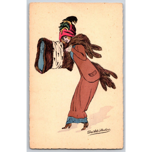 Des Arts Studios Art Nouveau Postcard Fancy Woman Fashion Fur Hat Feathers (#3)