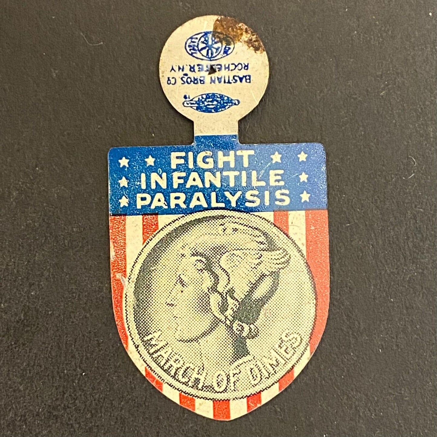 March of Dimes "Fight Infantile Paralysis" Steel Fold Over Pin Mercury Dime (#4)