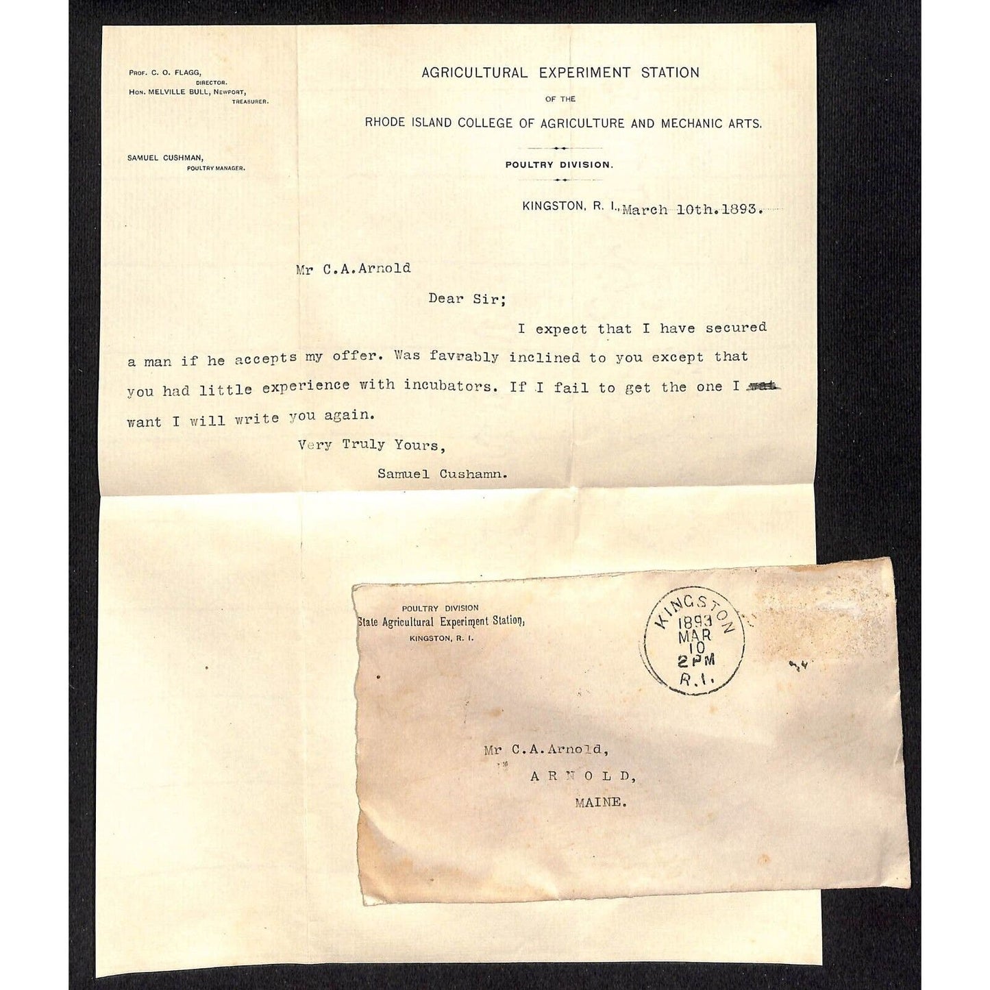 Kingston, RI Agricultural Experiment Station 1893 Letterhead & Cover Scarce