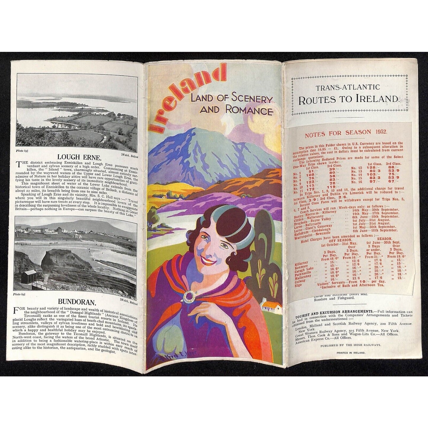 1932 Routes to Ireland 19" x 26" Single Sheet Travel Brochure w/ Map Scarce