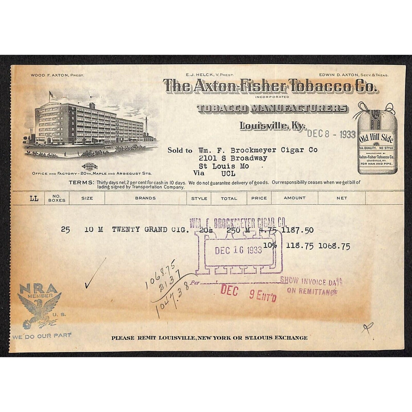 Louisville, KY The Axton-Fisher Tobacco Co. "Old Hill Side" 12/8 1933 Billhead