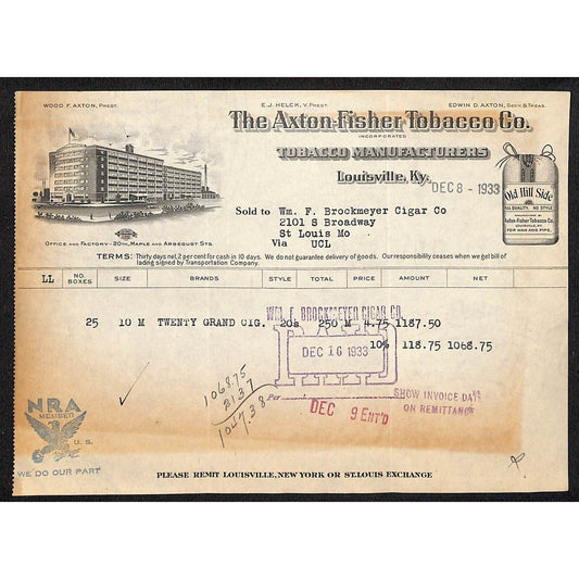 Louisville, KY The Axton-Fisher Tobacco Co. "Old Hill Side" 12/8 1933 Billhead
