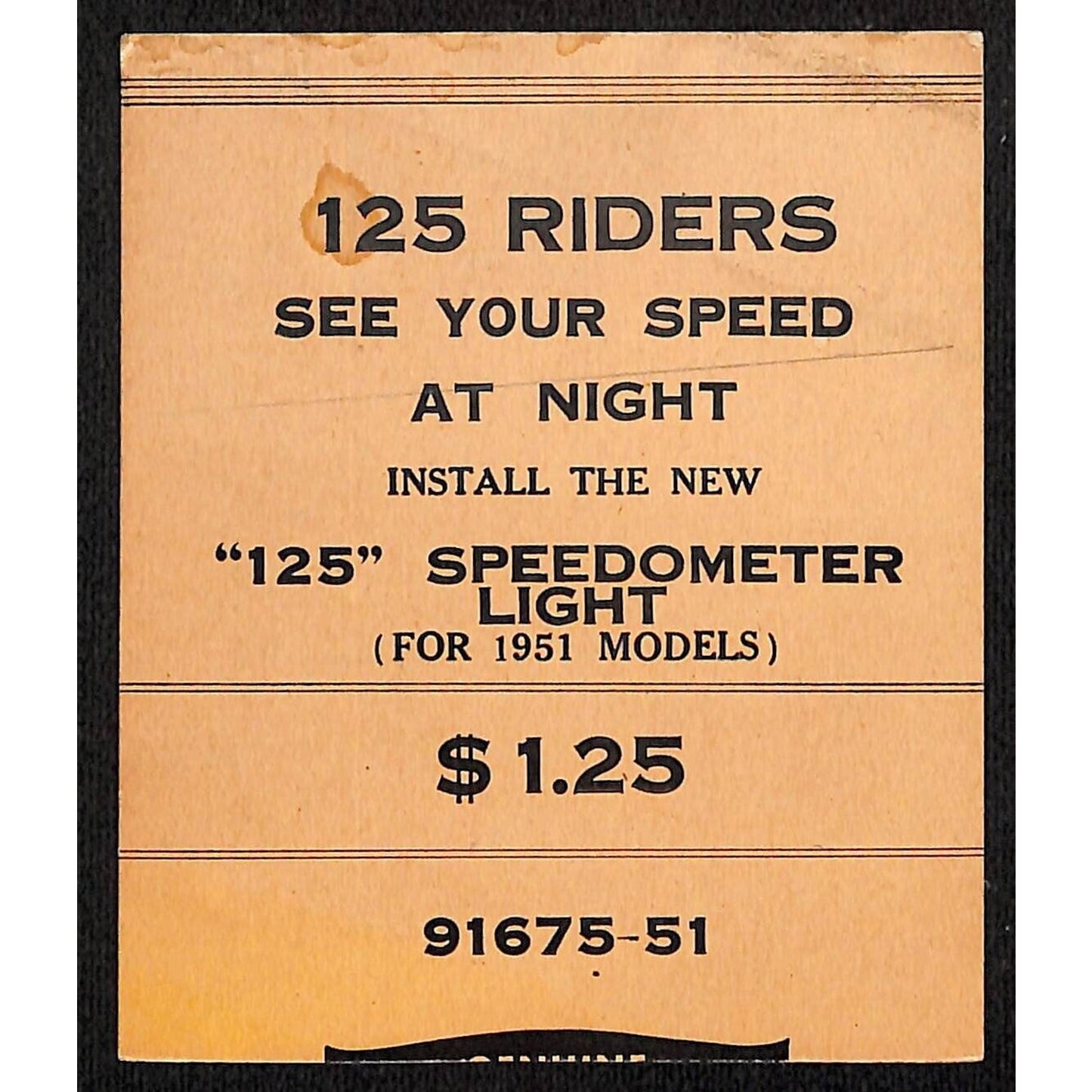 Harley Davidson "125" Speedometer Light Dealer Shelf Price / Stock Card c1950's