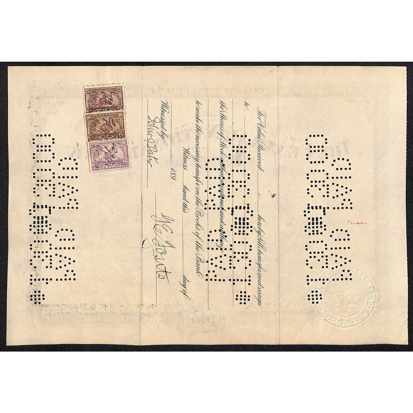Central National Bank of Cleveland 1900 Stock Certificate to G.E. Gouts Scarce