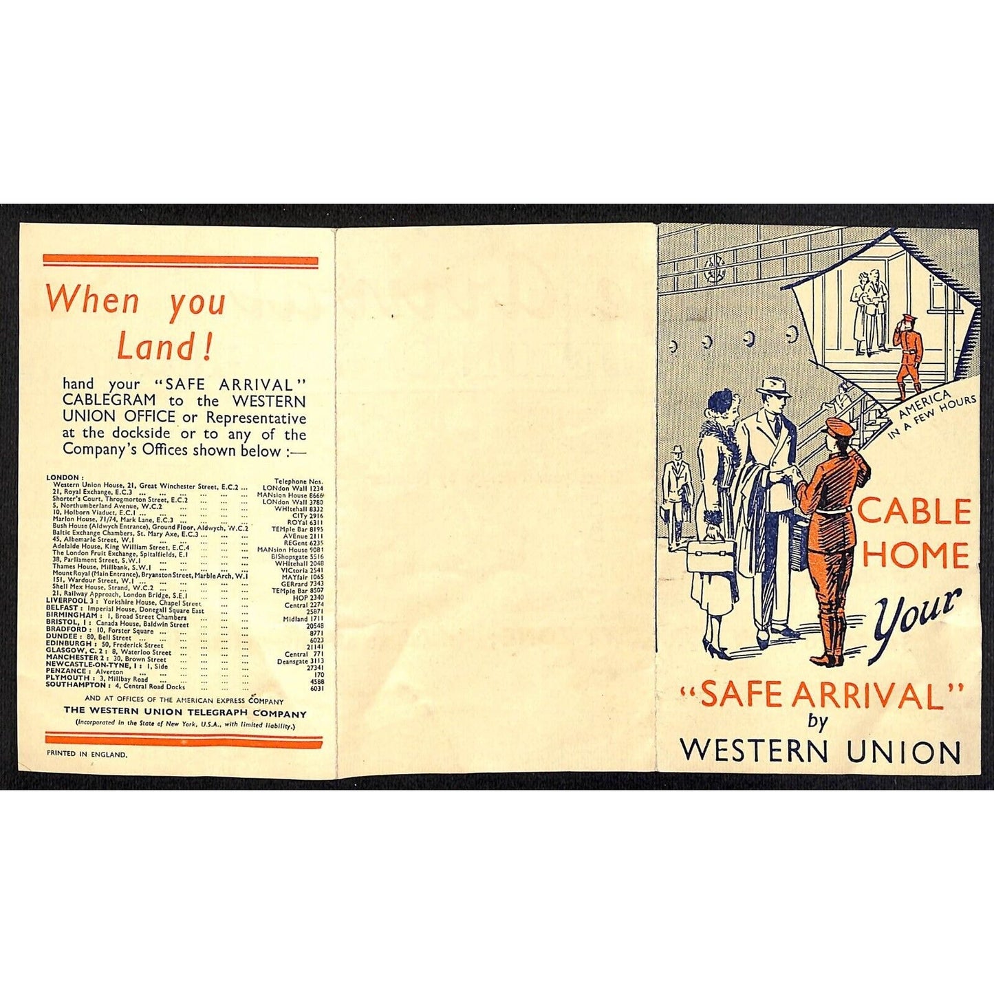 Cable Home Your Safe Arrival by Western Union c1936 Adv. Folded Flyer VGC Scarce