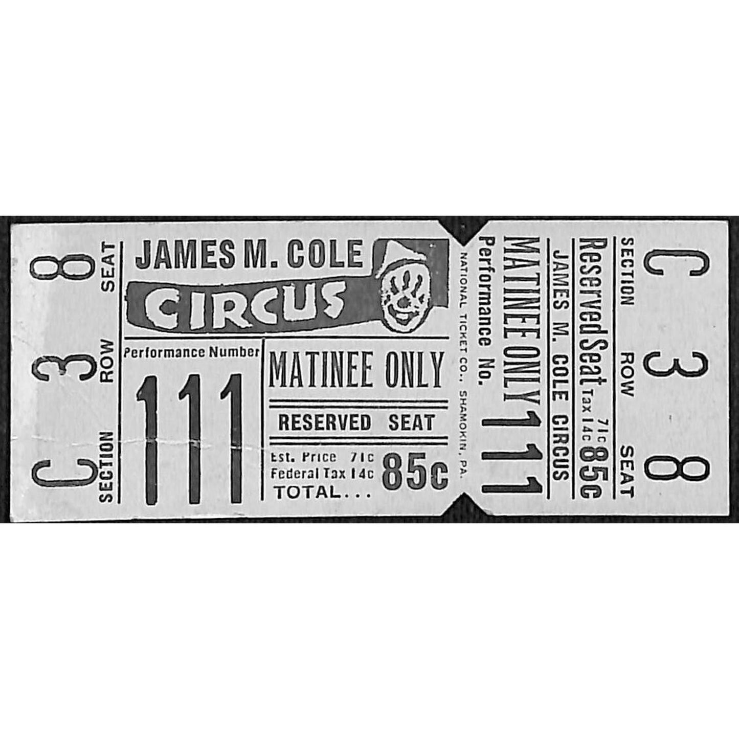 James M. Cole c1940's-50's Circus Ticket Unused Perf #111 Seat 8 VGC