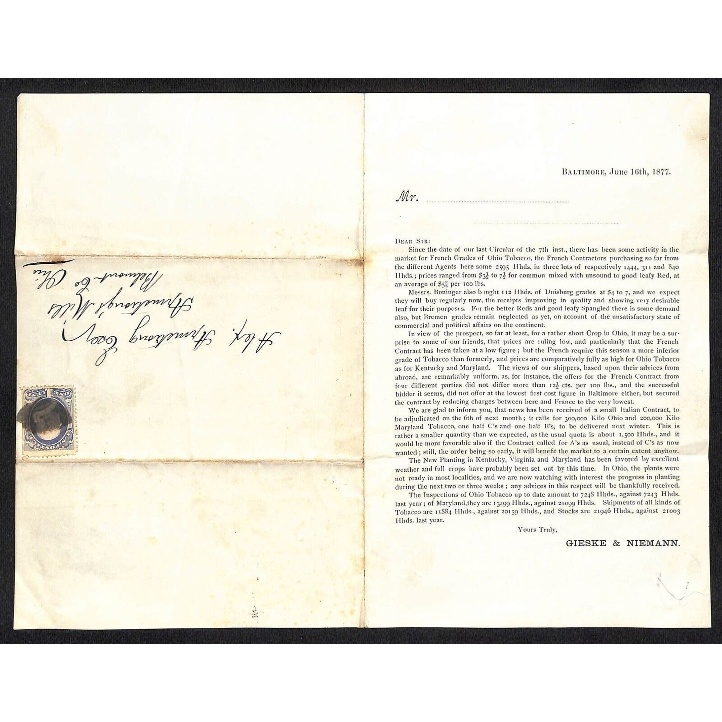 Gieske & Nieman Baltimore 6/16 1887 Tobacco Merchants Sale Circular / Cover