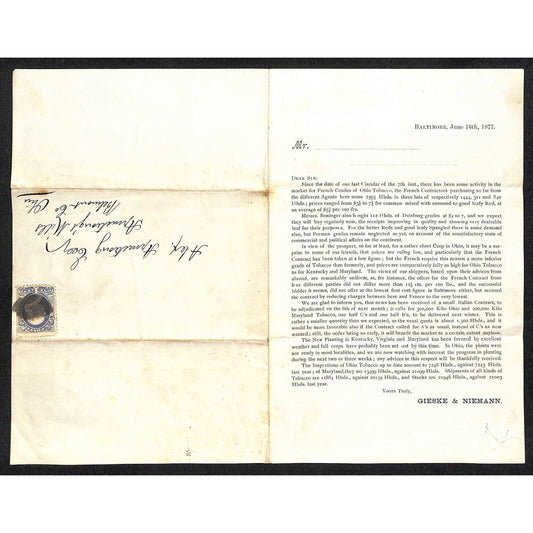 Gieske & Nieman Baltimore 6/16 1887 Tobacco Merchants Sale Circular / Cover