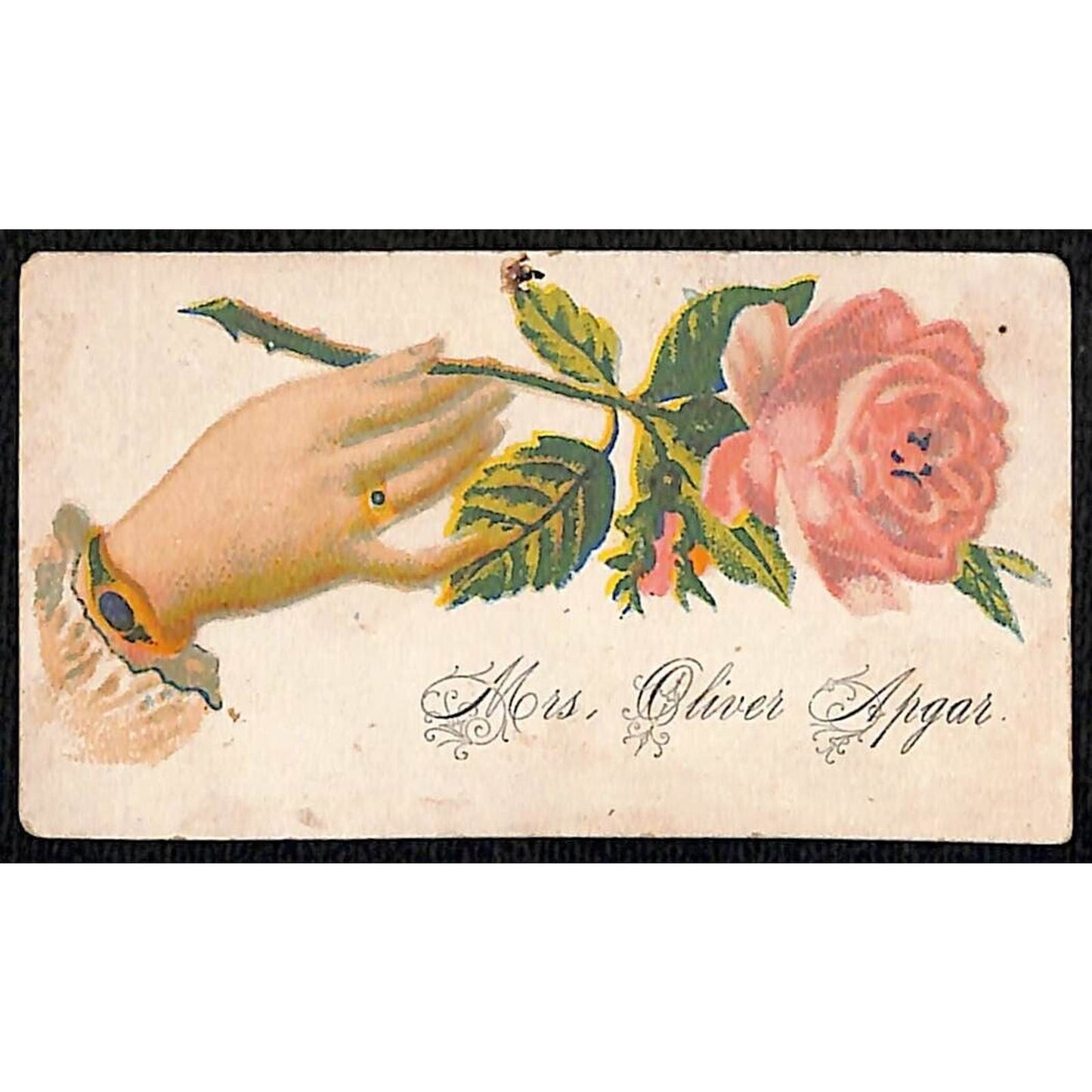 "Mrs. Oliver Apgar" Victorian Calling Greeting Card - Floral w/ Hand