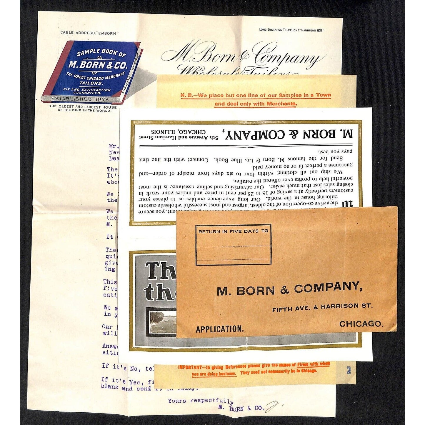 M. Born & Co. Wholesale Tailors Chicago 1910 Letterhead Order Form Cover VGC