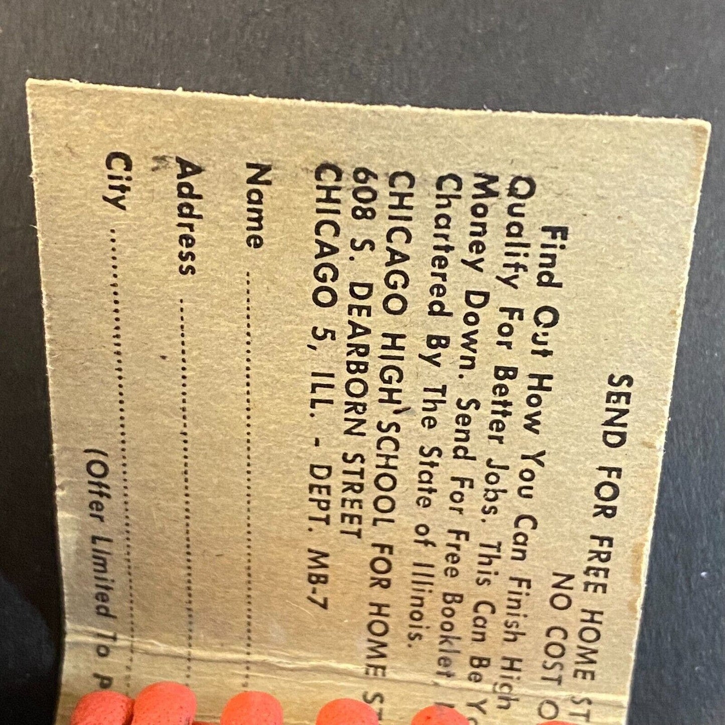 Chicago High School for Home Study Mail Order Course c1955-65 Full Matchbook