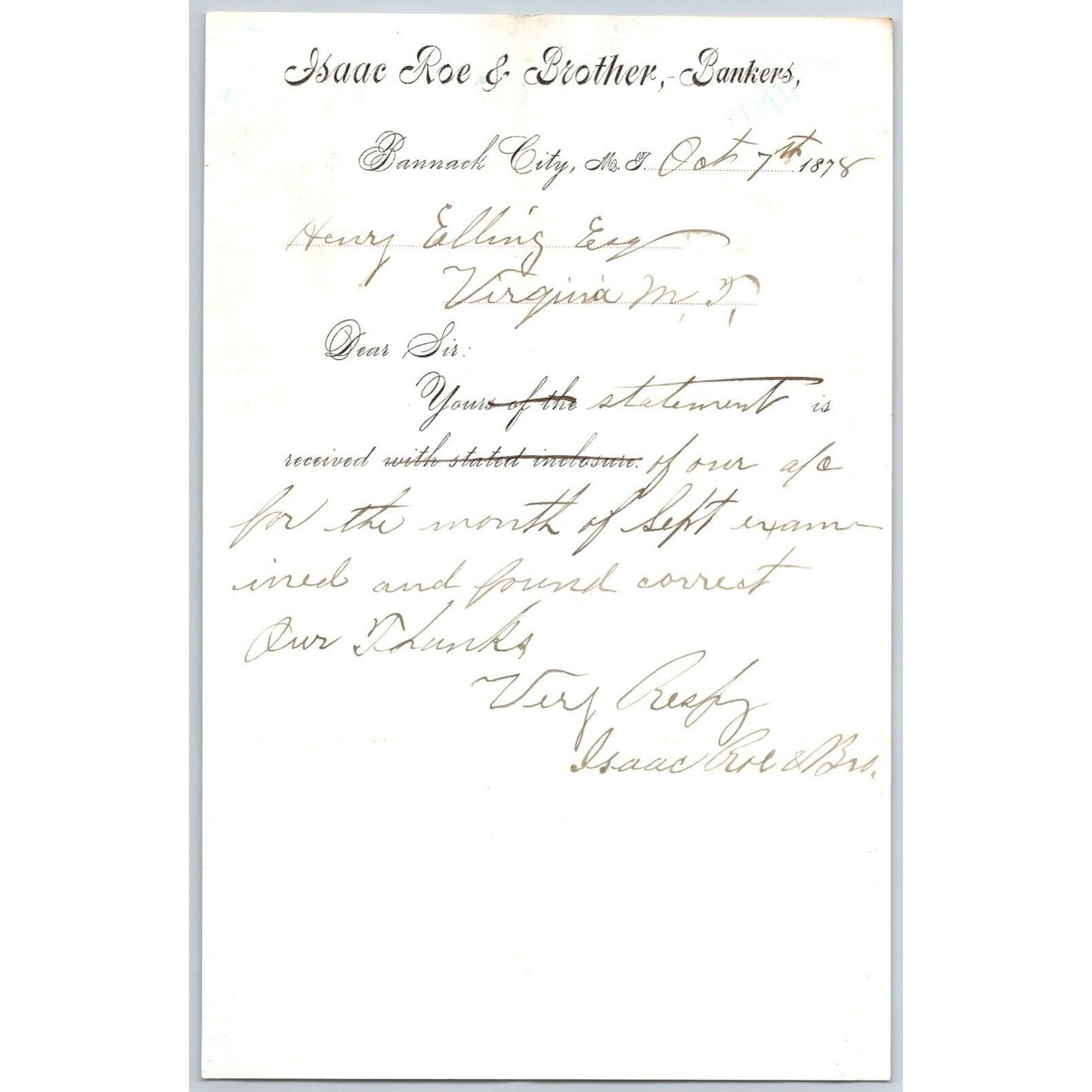 Isaac Roe & Brother, Banker Bannack City, MT 1878 Statement - Henry Elling*