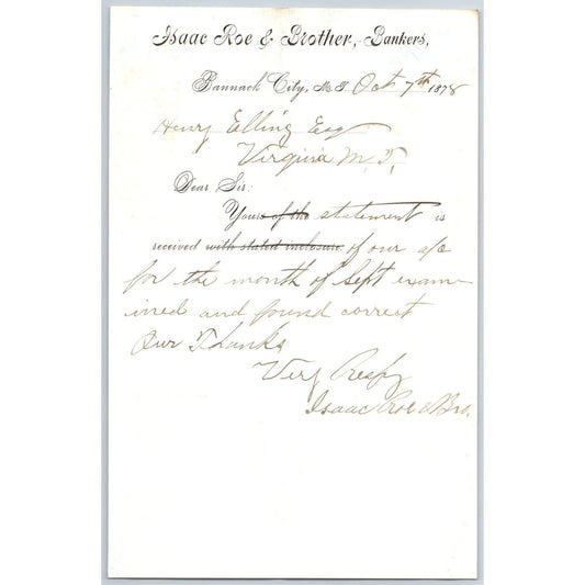 Isaac Roe & Brother, Banker Bannack City, MT 1878 Statement - Henry Elling*