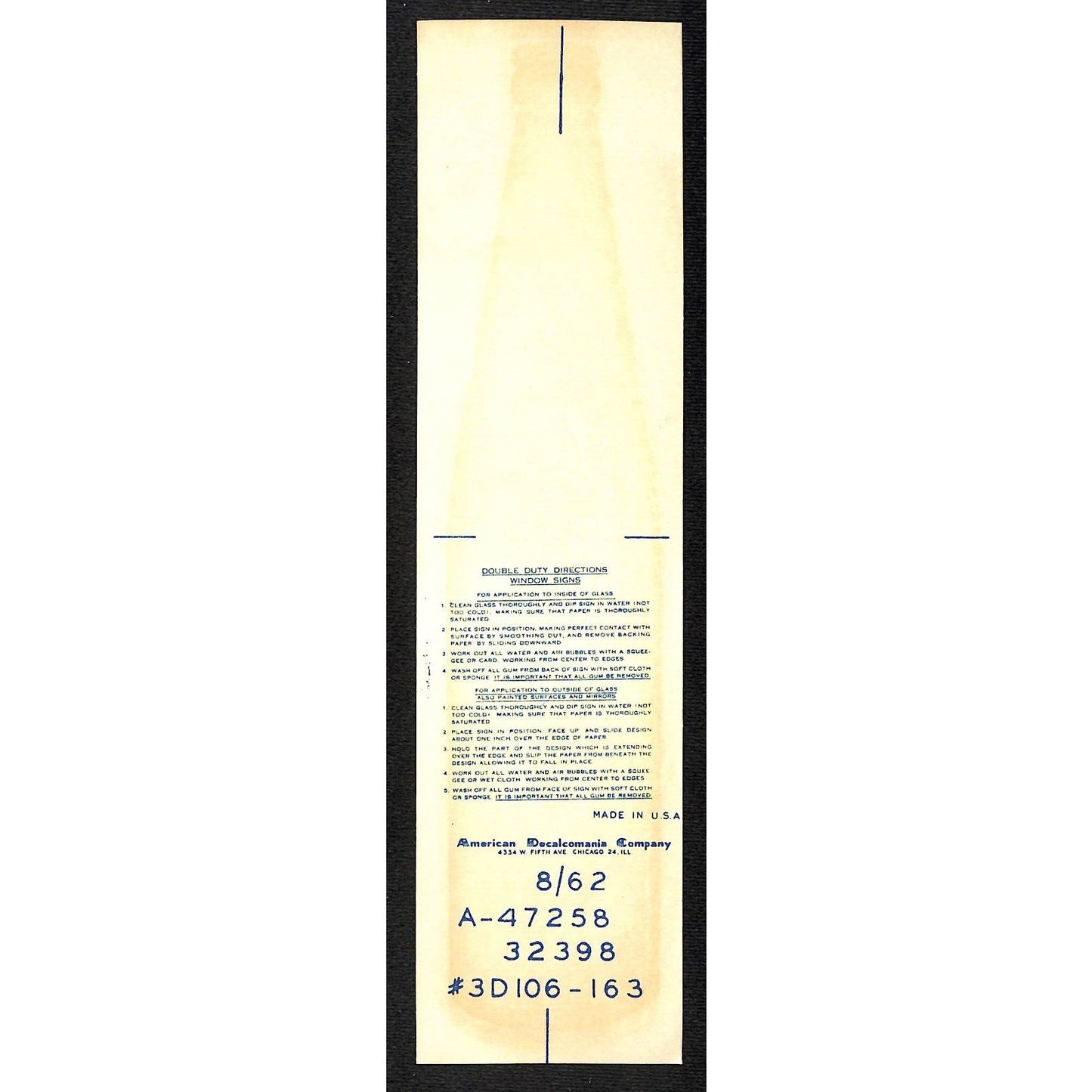 3 V Cola Soda Bottle 1962 Water Transfer Decal 2 3/8" x 9 3/8" VGC Scarce