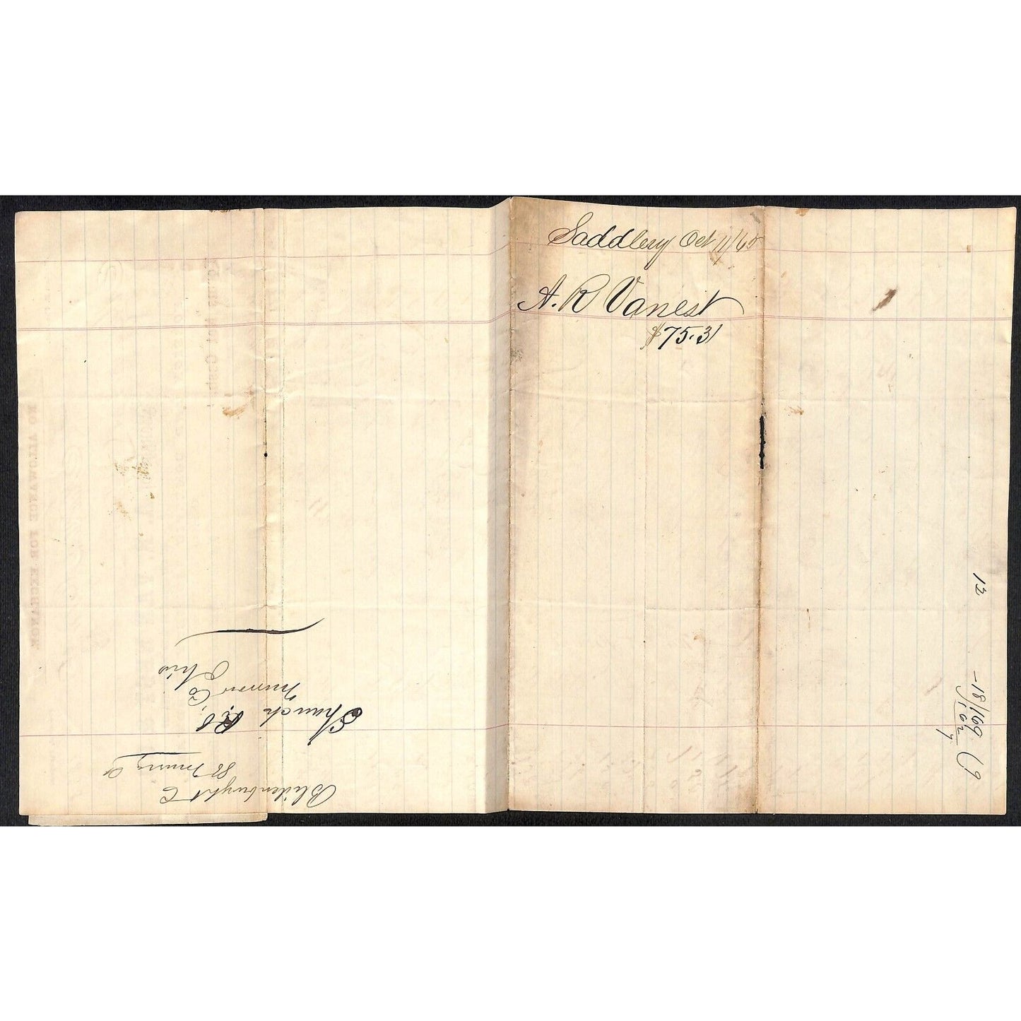 A.R. Van Nest & Co. Saddlery NYC 1865 J.J. Cover, Johnsville, OH* Billhead