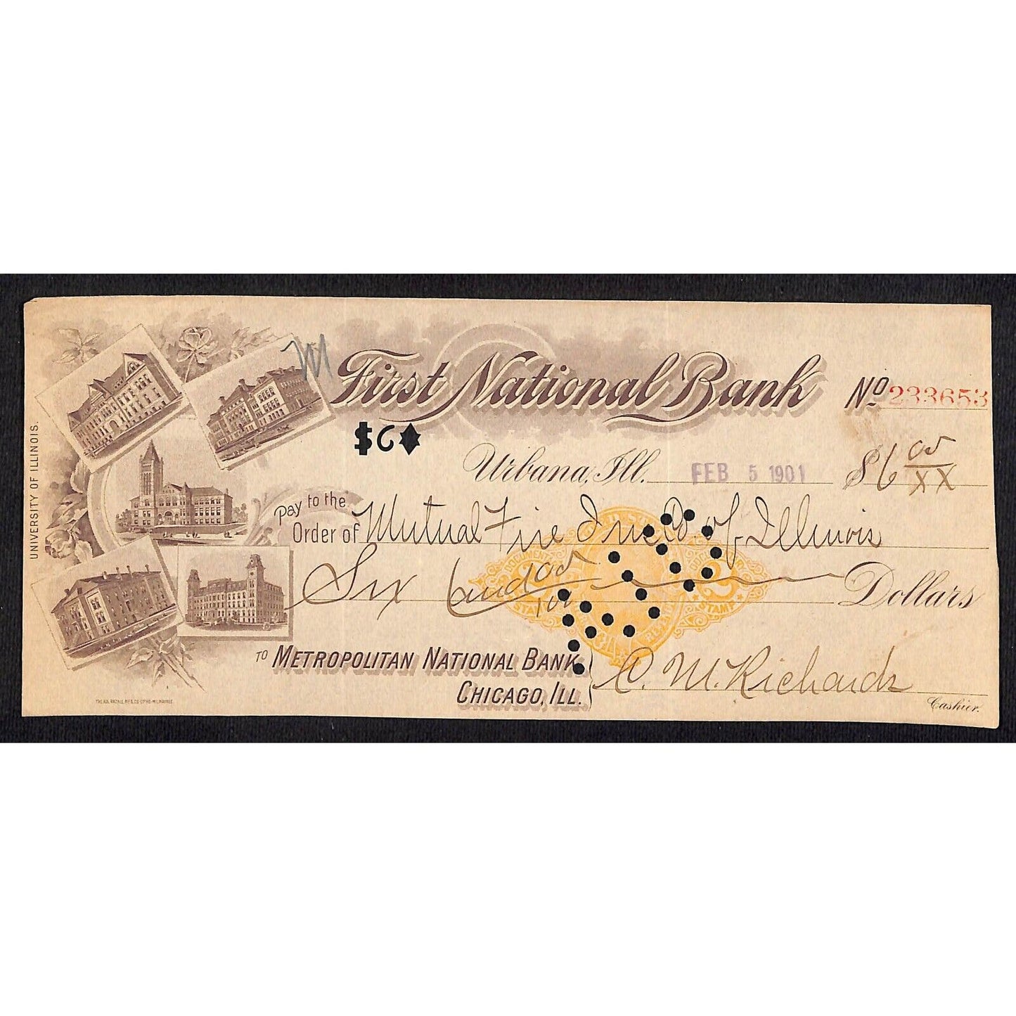 FNB Urbana, IL $6 1901 Bank Check Revenue Stamp w/ University Bldg. Vignettes