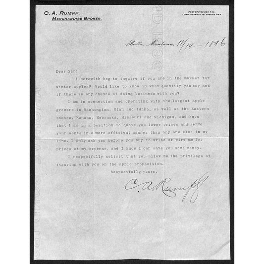 C.A. Rumpf Produce Brokers Butte, MT 1896 TLS re: Lower Prices