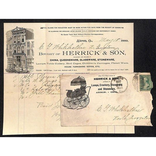 Herrick & Son Akron, OH Whiteleather * N. Georgetown, OH 1889 Billhead & Cover*