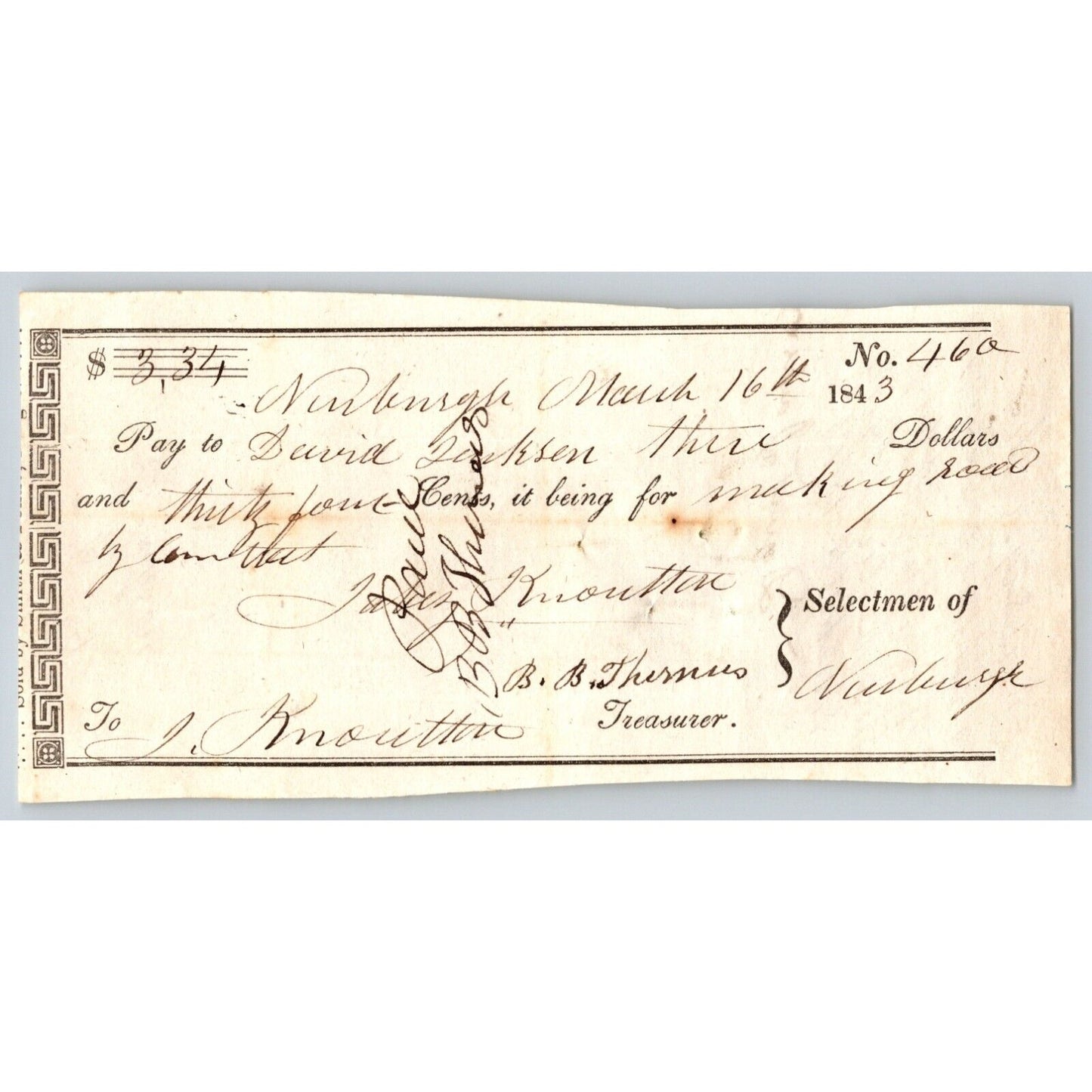 1843 Jabez Knowlton* Newburgh ME Town Check to David Jackson