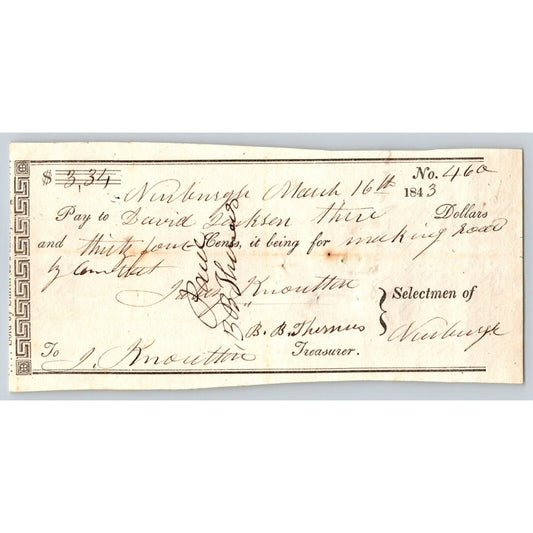 1843 Jabez Knowlton* Newburgh ME Town Check to David Jackson