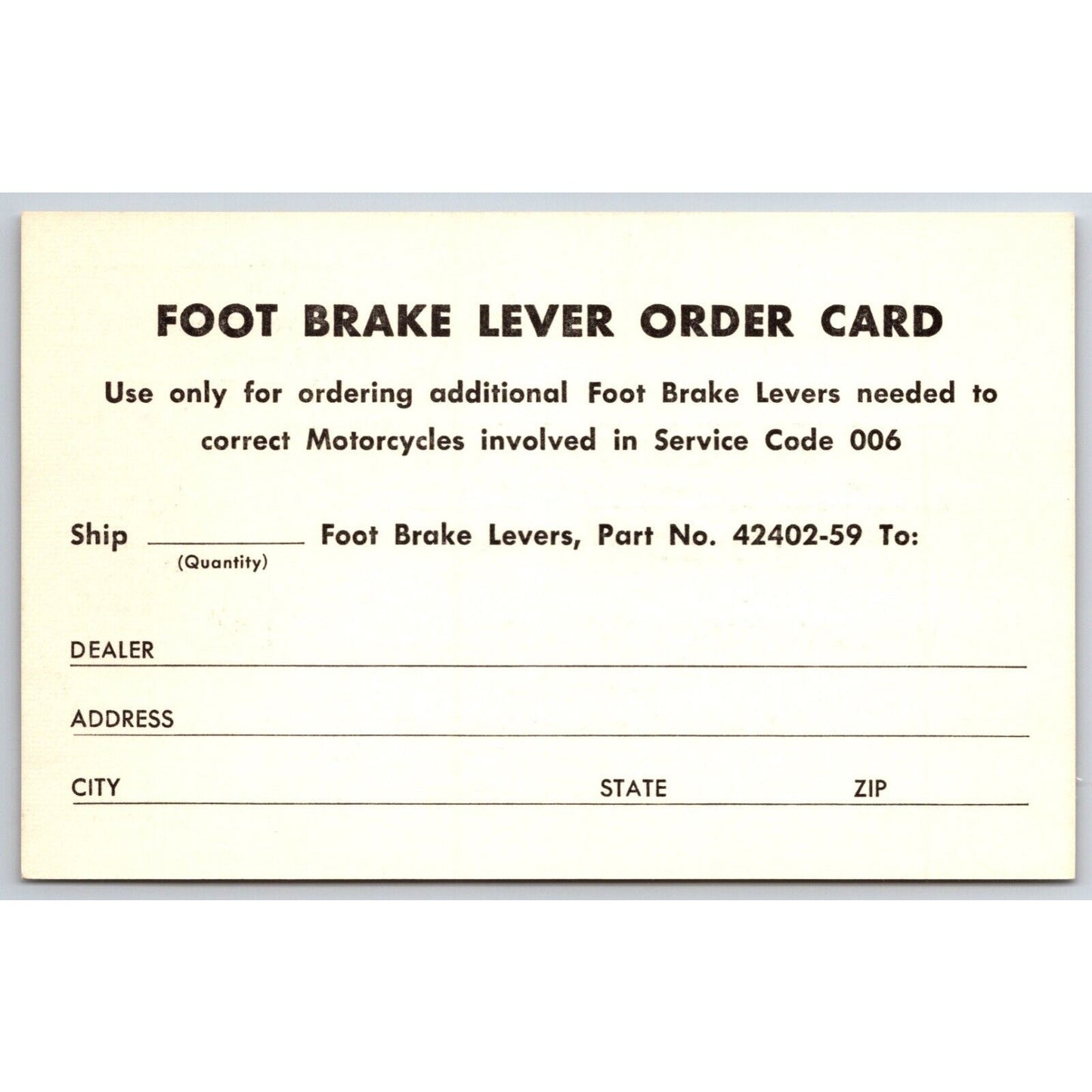 Harley Davidson "Foot Brake Lever Order Card" Postcard Recall? c1965-75 VGC