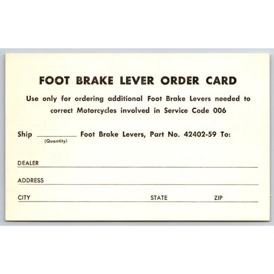 Harley Davidson "Foot Brake Lever Order Card" Postcard Recall? c1965-75 VGC