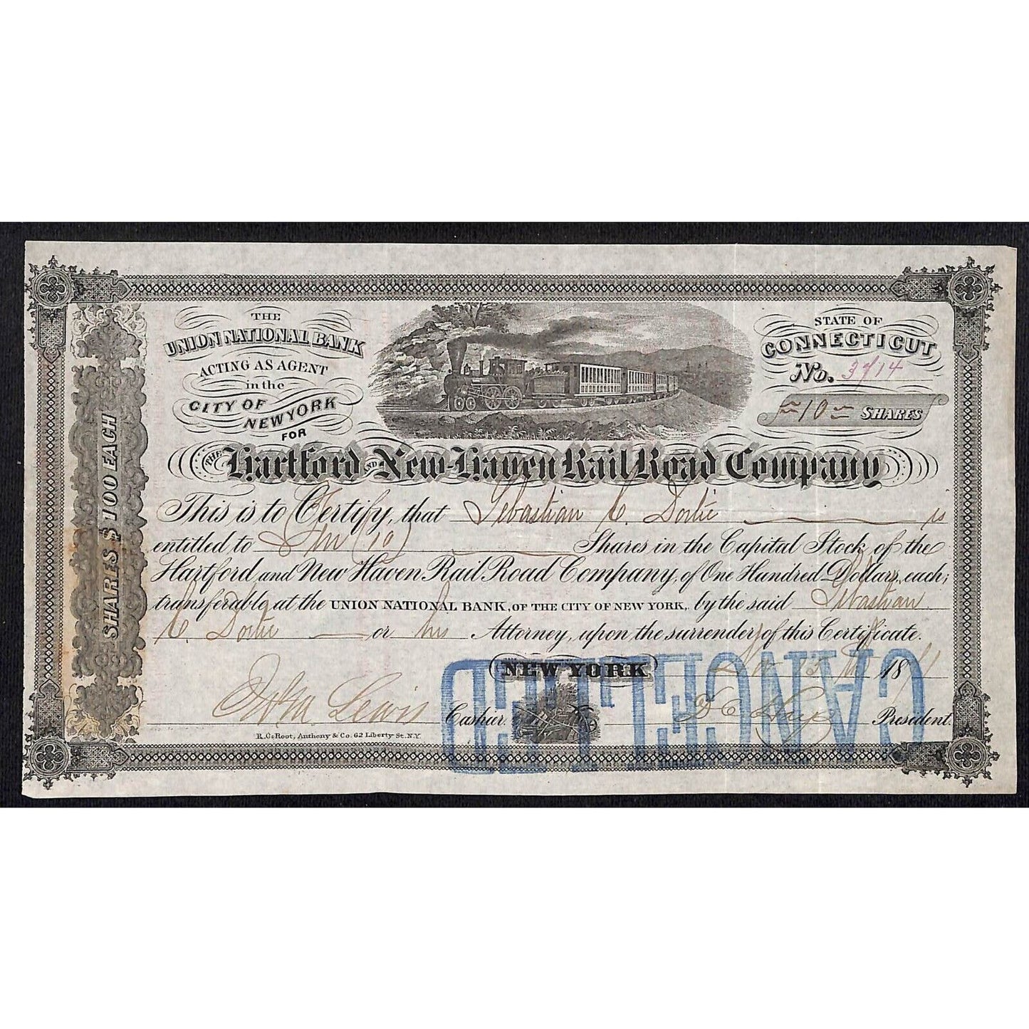 Hartford and New Haven Railroad 1871 ? Stock Certificate #3414 Sebastian C xxx?