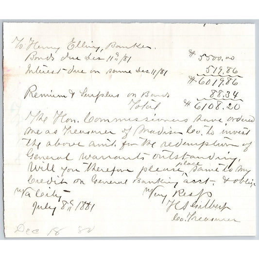 1881 ALS H.S. Gilbert, MT to Henry Elling* Virginia City, MT Bond & Interest Due