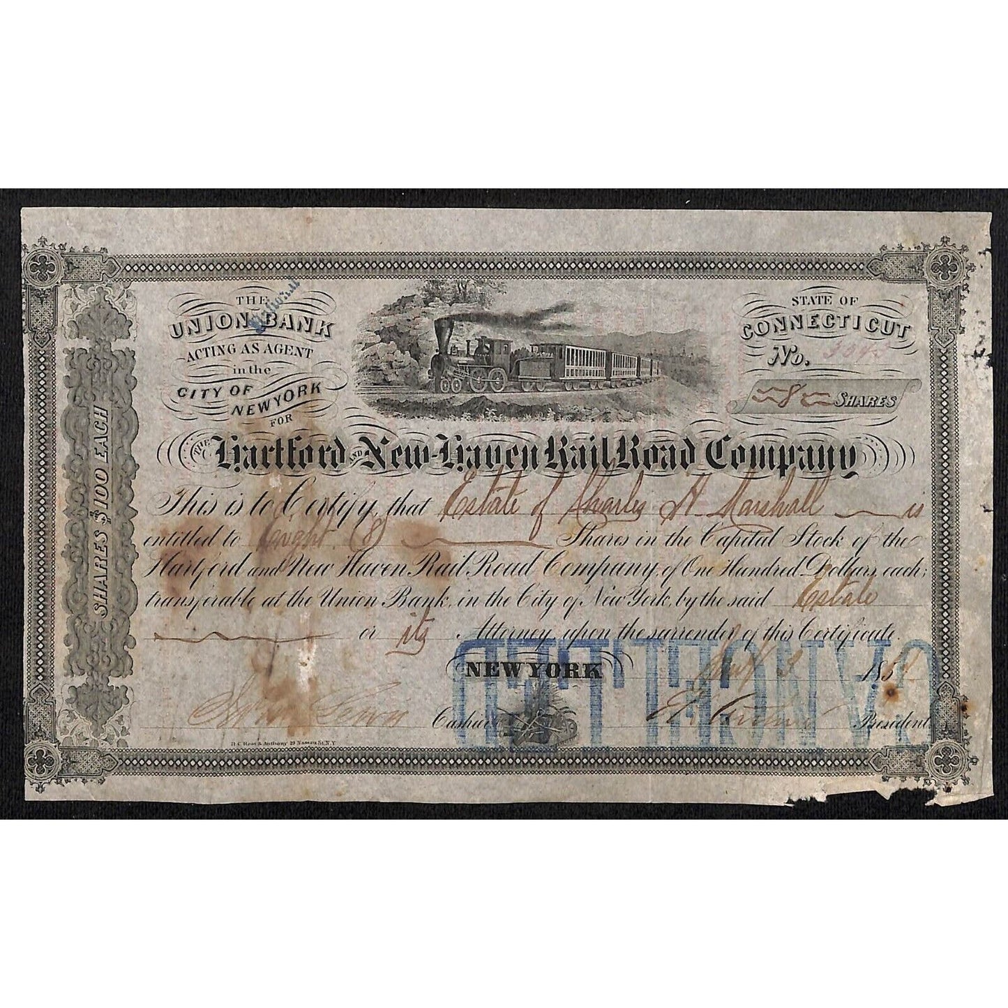 Hartford and New Haven Railroad 1854 Stock Certificate #3043 Charles H, Marshall