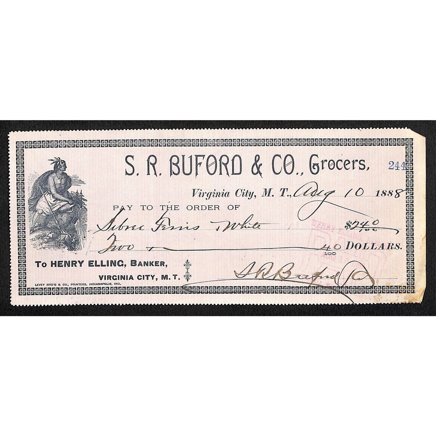 1888 Henry Elling Virginia City Montana Territory S.R. Buford Grocers Check #244
